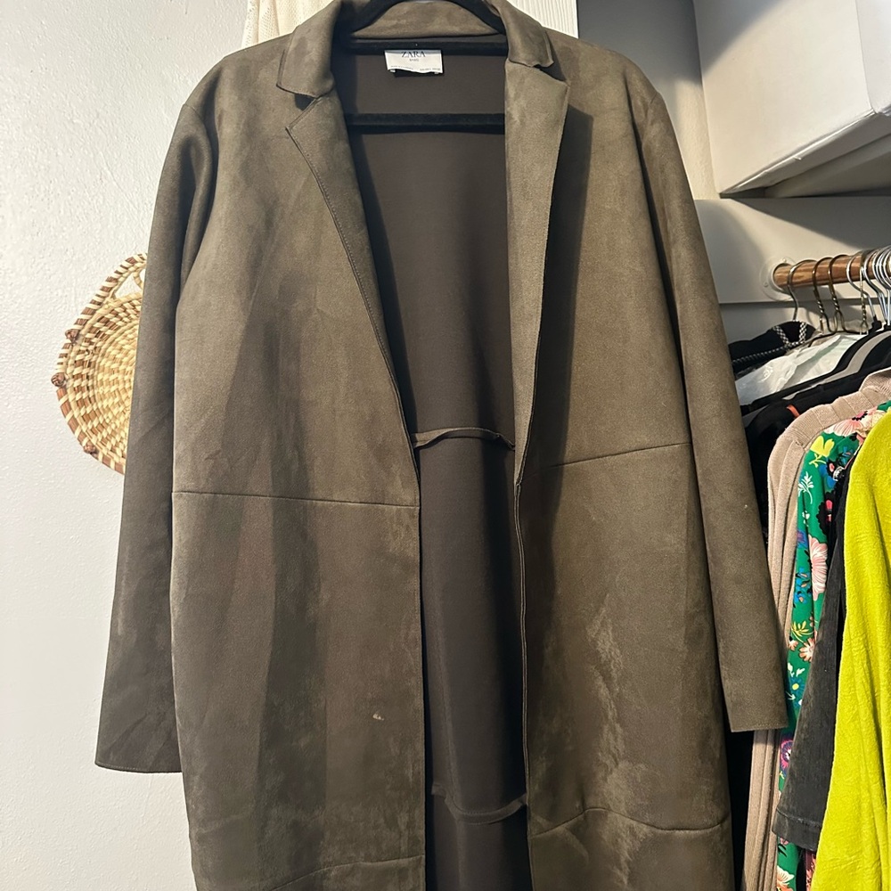 ZARA Khaki Green Micro Suede Duster Coat